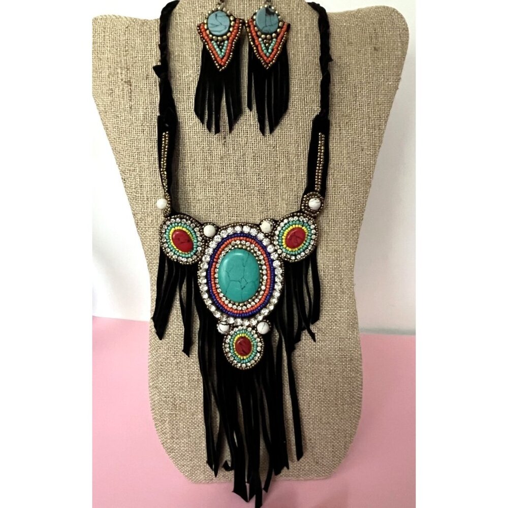 Bohemian Beaded Necklace & Earrings Set With Turquoise & Red Stones